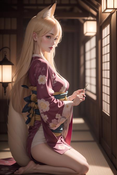 1girl, fantasy, (anime:1.2),illustration, large fox ears,large fox tail, absurdly long hair, kimono, japanese clothes, yokozuwari, barefoot, fluffy, flowers, colorful, cinematic lighting,see-through,upper body, from side,soft light, sharp, exposure blend,medium shot, (hyperdetailed:1.2), (intricate details:1.2), (artstation), realistic lighting,(red lips:0.9),realistic,