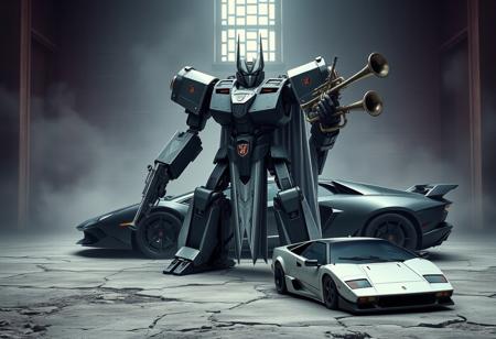 Create a high-definition, 4K quality, Discord-compatible, RPG portrait of a cursed prison background featuring a dark grey, two-legged, two-armed, one-headed Decepticon mech robot. The robot is wearing long silver robes, holding a gun in one hand and a trumpet in the other, and is positioned next to a Lamborghini Countach. Restore the colors to their original vibrant state. The image should be rendered in a realistic style with crisp, clear lines and uncompressed PNG format. Incorporate the themes of Octane and Redshift, conveying an uplifting atmosphere.hq,hd