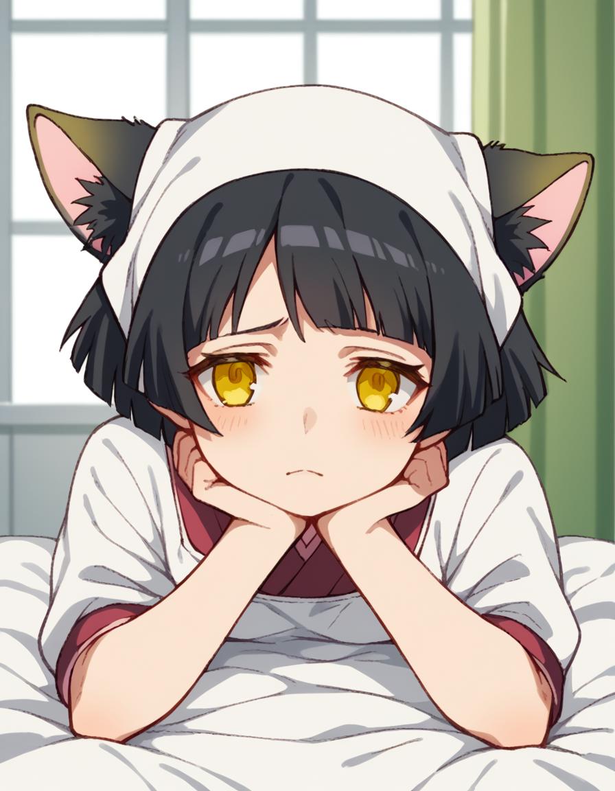 score_9, score_8_up, score_7_up, source_anime, <lora:dorm-mistress-s2-ponyxl-lora-nochekaiser:1>, dorm mistress, short hair, black hair, animal ears, yellow eyes, cat ears,, japanese clothes, kimono, apron, head scarf,, hospital room, bedside, get well flowers, comforting, quiet, , <lora:the-pose-ponyxl-lora-nochekaiser:1>, the pose, on stomach, feet up, lying, soles, feet, legs up, head rest, barefoot, looking at viewer, solo,, dutch angle, cowboy shot