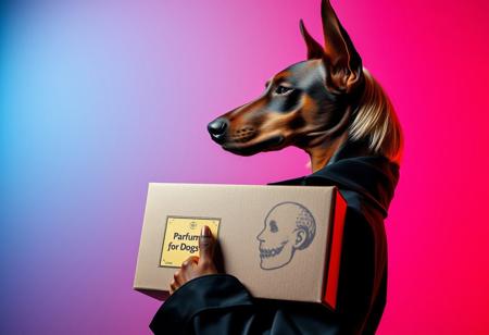 An anthropomorphic brown Dobermann dog with soft, long, natural ears and a blonde bobcut with long hair in the back, wearing a black trenchcoat, depicted in profile, side view. The dog is holding a cardboard box labeled ‘Parfum for Dogs’ in a surreal and avant-garde fashion illustration style. The scene features a turquoise silver grunge aesthetic against a gradient magenta and teal background. The setting includes vivid colors, filigree details, and photorealistic rendering. The lighting is moody chiaroscuro, enhanced by the visual distortion of fisheye cinema prime lenses (9mm) and noir film-style color correction