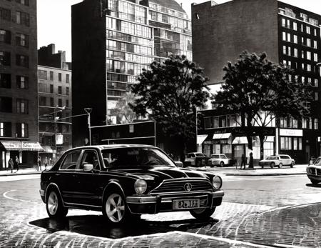 banhua, girl, car, street,  city,   <lyco:banhua-000003:1.0>,best quality,masterpiece, Monochromatic printmaking,