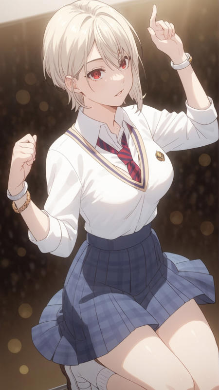 alice_nakiri alice_nakiri, an anime girl,  1girl, solo, breasts, short hair, large breasts, red eyes, cleavage, jewelry, school uniform, necktie, bracelet alice_nakiri, an anime girl,  1girl, solo, looking at viewer, short hair, open mouth, red eyes, school uniform, necktie alice_nakiri, an anime girl,  1girl, breasts, smile, short hair, blonde hair, large breasts, white chef costume, white pants, red eyes,