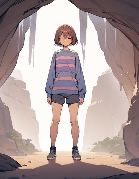 masterpiece,best quality,1boy,short hair,brown hair,friskut,standing,full body,brown hair,striped shirt,long sleeves,shorts,shoes,eyes closed,front shot,in cave,solo,centered, <lora:FriskXL:0.8>