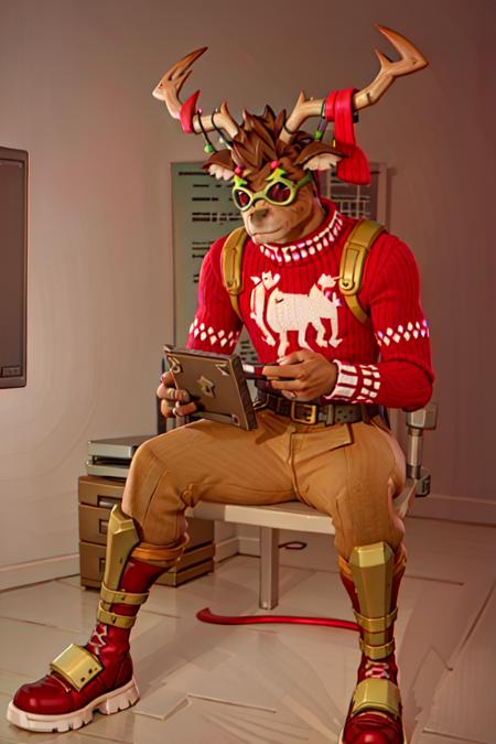 <lora:Fortnite_Dolph:0.5>, Fortnite_Dolph, Fortnite_Dolph, Novelty Glasses, Christmas Sweater, Belt, Christmas Stocking, Christmas Lights, Candycane, Pistol Holster, Christmas Ball Ornament, Khaki Pants, Shin Guards, Boots, volumetric lighting, (((sitting at a computer))), cgi, 3d, octane render, clouds, ambient occlusion