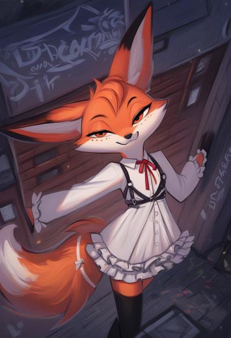 (score_9, score_8_up, score_7_up), fox, ((female fox)), 1male out of frame, feral, petite, light freckles, oversized White shirt, feral on two hinds, bipedal,, very detailed,  detailed background, outside, ally, graffiti, night, volumetpric lighting, vivid colours, Expressiveh, g0thicPXL, glowing, neon, cowboy shot from above, ((professional photo)), close up, impressionistic oil painting, urban style, White light, animal legs, Fox anatomy, dance, meme, 4nd43rz, dancing, half closed eyes, frills, white dress, frilled dress, neck ribbon, red ribbon, chest harness, long sleeves, single thighhigh, black thighhighs