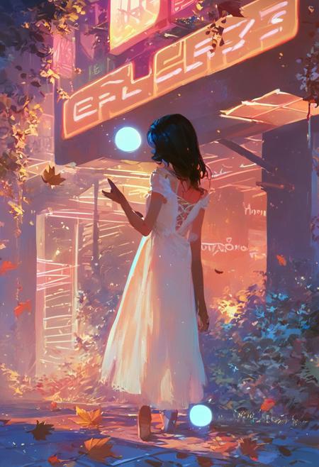 score_9, score_8_up, score_7_up, score_6_up, 1girl, long dark hair, silhouette, full body, white dress, large leaves, neon lights, purple and blue lighting, glowing orb, night, outdoor, detailed, backlighting