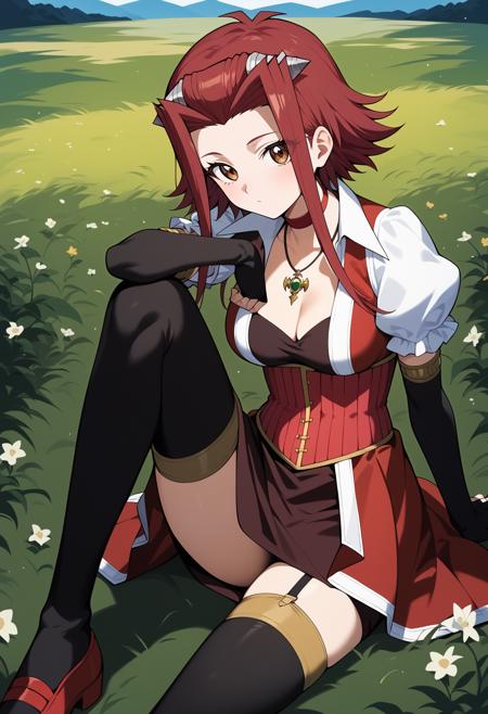 aaaki, short hair with long locks, red hair, hair intakes, hair ornament, brown eyes, breasts, red choker, necklace, cleavage, red dress, puffy sleeves, short sleeves, elbow gloves, fingerless gloves, black gloves, corset, red skirt, garter straps, thighhighs aaaki, short hair with long locks, red hair, hair intakes, hair ornament, brown eyes, breasts, black choker, cleavage, red bodysuit, center opening, no bra, gloves