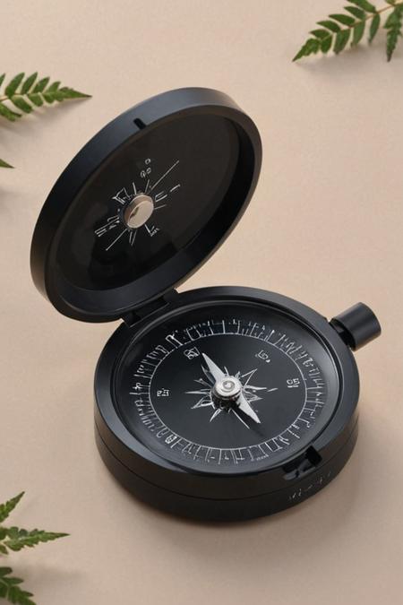 small black compass, (simple:2.0) design, modern futuristic compact matte, modern typography on face, clean lines, black compassrose,  in nature ((daniellepik)), ((lemanoosh)), product shot, sleek minimalist futuristic product design <lora:Sleek_Product_Design:1>