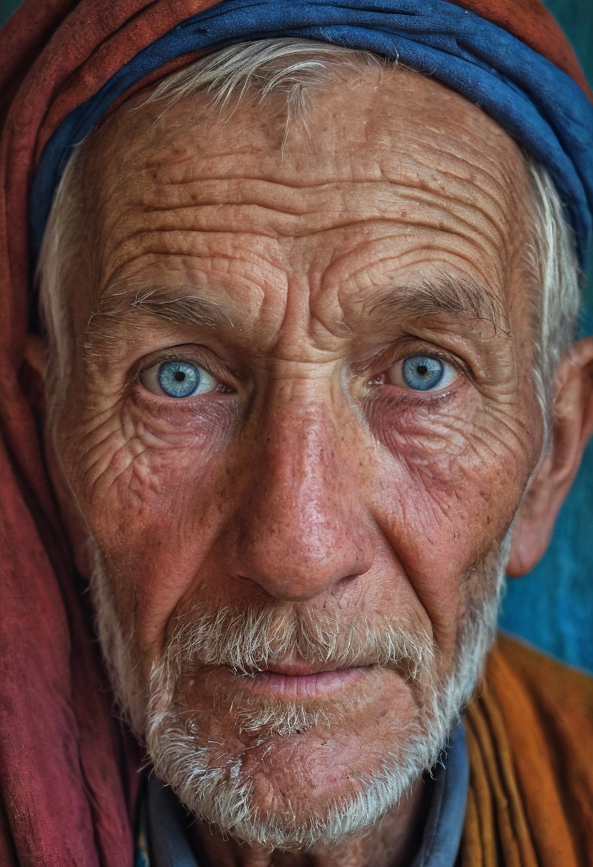 A colorful portrait of an elderly man with a weathered face, inspired by Steve McCurryâs photography. Warm tones, detail...