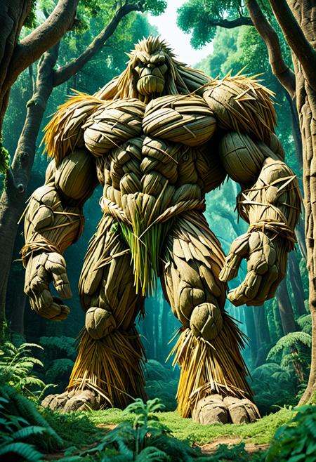 score_9,score_8_up,score_7_up, The image depicts a towering, muscular golem, seemingly composed of straw, entirely made of straw, standing majestically amidst a lush, verdant forest. Its form is robust and imposing, with broad shoulders and powerful limbs, intricately detailed with organic-like straw textures. the view emphasizing the grandeur of the forest guardian. The surrounding environment is in natural light, filtering through the dense canopy, creating a mystical and fantastical atmosphere.  <lora:1:1>