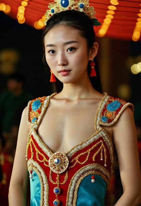 RAW full body analogue photo of a beautiful 20 years old (chinese woman:1.5) chic perfect face, sexy pose, ((Wearing Carnival Clothing)) perfect eyes, detailed eyes, detailed iris, realistic skin texture, ((absolute perfect tits, soft tits, natural tits)), low light, soft natural light, Rembrandt style light, Hasselblad DLSR camera, 200mm Zeiss lens, f/2.8