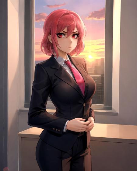 cowboy shot, pink hair, medium hair, red eyes, serious, breasts, black suit, formal suit, red necktie, office, window, sunset, eyeliner, <lora:AlamanderArt:0.5>