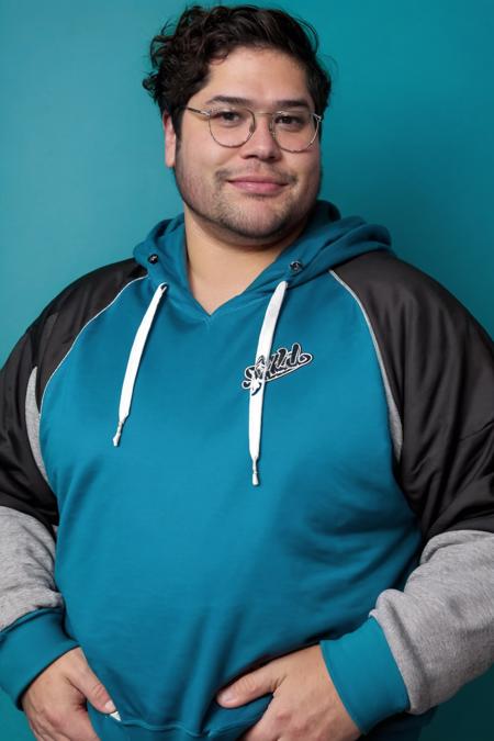 HarveyGuillen, stubble, 80's heartthrob, (1man), muscular, hunky male, soft smile, glasses, (wearing a Retro-style sweatshirt), handsome, professional lighting, artistic shot, blue background
 <lora:rs-HarveyGuillenLora-03:1>