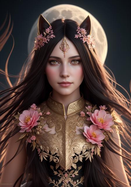 best quality, ultra-detailed, illustration, 1girl, black long hair, red eye, wolf ears, black mantle, fluffy collar, forest, moon, sketch, full body, highest quality, skin texture, intricate details, (cinematic lighting), RAW photo, 8k, (symmetry:1.1) (portrait of floral:1.05) a woman as a beautiful goddess, (assassins creed style:0.8), pink and gold and opal color scheme, beautiful intricate filegrid facepaint, intricate, elegant, highly detailed, digital painting, artstation, concept art, smooth, sharp focus, illustration, art by greg rutkowski and alphonse mucha, 8k