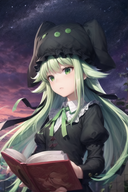 1girl, solo, fuma mishandra, green hair, prehensile hair, black headwear, black dress, green eyes, juliet sleeves, bubble skirt, long sleeves, black footwear, pantyhose, long hair, green ribbon, neck ribbon, collared shirt, mob cap