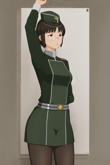 masterpiece, best quality, <lora:CummyBender:.65>, cummy bender, 1girl, solo, short hair, skirt, brown hair, hat, pantyhose, glasses, belt, uniform, military, military uniform, own hands together, garrison cap,