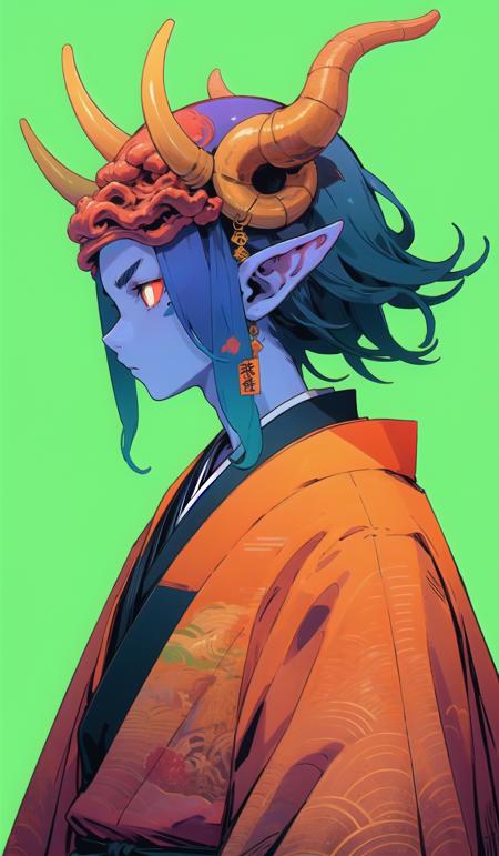 oniNFT, solo, 1boy, horns, male focus, colored skin, japanese clothes, colored sclera, pointy ears, blue skin, kimono, upper body, from side, profile  <lora:oniNFT-block:1>