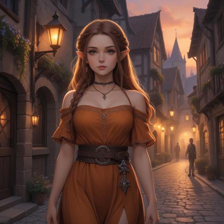 baldur’s gate 3, 1 girl, dark ambient lighting, middle ages, fantasy, half-elf, brown dress, waist belt, off shoulder, sexy, long hair half braided, small flowers in hair, in old town, middle ages street, holding a small light, late evening, sundown, orange blue sky, lit street, small choker necklace,