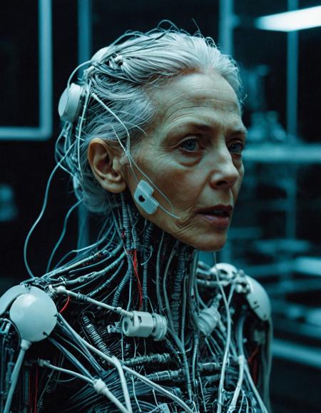 Surrealist art analog film photo breathtaking cinematic film still portrait of a withered old woman in a futuristic lab,half human half machine,deeply wrinkled face with pale,leathery skin partially overlaid with sleek titanium plating,exposed microtubes and neural fibers tracing down her neck and jaw,dimly glowing ocular implants with flickering data readouts,silver strands of hair intertwined with fiber-optic threads,translucent breathing mask fused into lower face,lab coat embedded with glowing seams and smart-fabric patches,seated in a sterile high-tech lab filled with floating displays and soft-blue ambient lighting,subtle reflections on chrome surfaces,mood of eerie calm and ancient intellect,soft depth of field,shot on Ilford Delta 3200 for dramatic grain,photographed with a Nikon Z9 and NIKKOR Z 85mm f/1.2 S lens,ultra-realistic,extreme detail in skin texture,cinematic sci-fi tone,