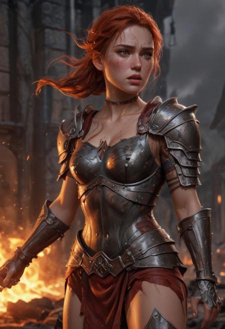 High resolution ultra-realistic of Beautiful Warrior girl, 8k, capturing the intensity of the moment, cinematic lighting, standing on a bloody and stormy battlefield in bloody battle, wavy red hair, realistic dirty pale face, realistic dark brown eyes,  beautiful hourglass figure, burning in a medieval Town, intricately designed iron and silver armor, red mini skirt, LOTR Aesthetic, perfect athletic figure, beautiful Warrior girl, fire, ultra realistic, cinematic style, vigorous and seductive, athletic figure, dark fantasy, dramatic lighting, wet and sweaty skin, dirty skin, athletic figure, dark fantasy, dramatic lighting, Greg Rutkowski style,, Warrior girl on in iron armor, hyper-detailed, hyper-realistic, bright colours, Attractive 21 old years girl, Attractive, beautiful firm Breasts, sharp focus, digital painting, Photograph Taken on Nikon D750, Alphonse Mucha, 8K, athletic figure, Hyperdetailed, hyperrealism, Attractive, Attractive bust girl, asymmetric balance