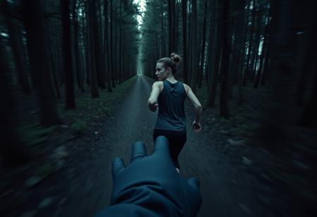 a photograph, found footage style, subject is a woman wearing running clothes running through a dark forest, seen from the point of view of someone chasing her, looking back over her shoulder at the viewer with a panicked and fearful expression, motion blur focus on a subject, close up view, viewer POV a gloved hand reaching for the woman, 1/25 s, f/2.8, 6400 ISO, 35mm film