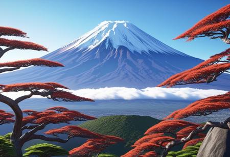 replace mount fuji, with mount Kilimanjaro.  hyperdetailed, hyperrealistic, vivid colors, Ultra High Definition 64K, Detailed and Intricate, Digital Art, Realistic, Cinematic, Studio Lighting, Beautiful Lighting,landscape view