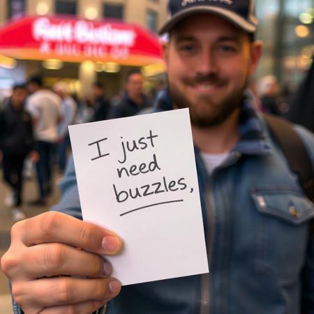 Man holding a note with this writing: I just need buzzes