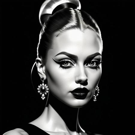 A striking black-and-white close up portrait of a sexy, confident and beautiful blonde woman, with her hair pulled back in a ponytail. She has striking and intense eyes and full lips with dark lip color. She has intricate and long earrings. And immaculate eyeliner and makeup. And appears not only as confident but also strict due to her pulled back hair. The background is a simple black minimalist background.