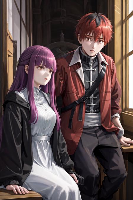 1girl fern black jacket white dress purple hair 1boy stark red jacket open clothes black pants