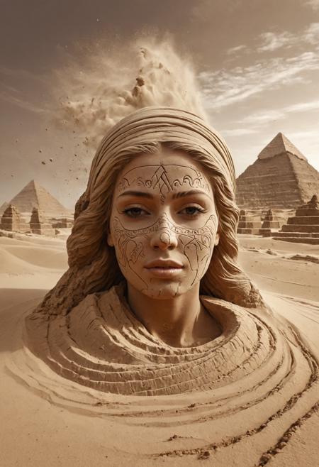 high quality illustration of crumbling face of woman from sand,
made out of porous sandstone, picture dissolving and morphing
completely into swirling sand, volumetric dust, wide view with
an oasis and pyramids in the background, shimmering heat, sepia tone,
sand clouds, detailed particles, extremal swirling sand,
sand strings, cinematic lighting