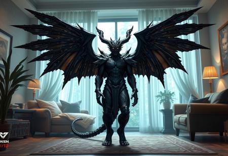 Design a Tekken character concept, specifically a divine demogorgon with wings, placed in a living room setting. Incorporate lifelike details, full-body anatomy, and pitch-black skin. Draw inspiration from Vergil and the Final Fantasy X universe. The design should be reminiscent of a gigapixel photo, with an uplight effect, and feature insanely detailed and intricate elements. Imagine this character as an apex legends character. The style should evoke the artistic influences of Android Jones, Greg Rutkowski, and Loish, with a hint of Laura Sava's flair, as if trending on Artstation. The character's personality should exude a politely cocky demeanor.