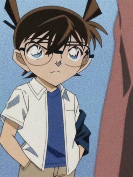 <conan>, glasses, 1boy, male child, brown hair, blue eyes, child, black-framed eyewear, shirt, hands in pockets, 1boy, white shirt, solo focus, short hair, bangs, pants, jacket, looking at viewer, open clothes, blue jacket, closed mouth,  standing, short sleeves, skirt, open jacket, black footwear, hair between eyes, hood