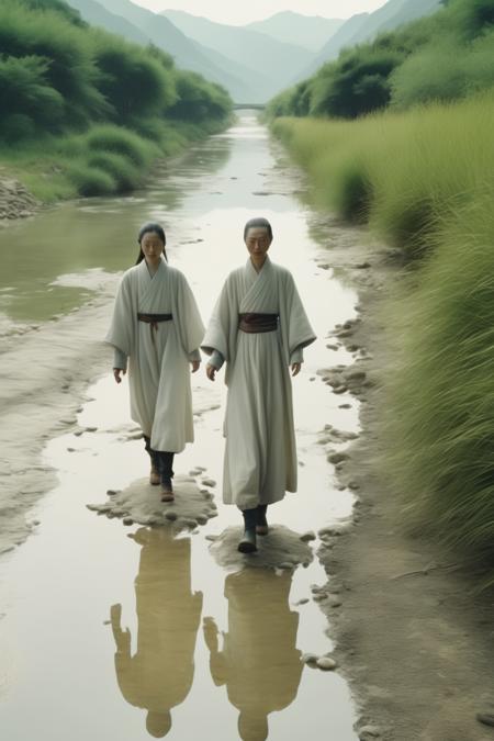 <lora:Director Yorgos Lanthimos style:1>Director Yorgos Lanthimos style - no text A 8K photo of two people walking on a path next to a river, in the style of visual kei, white, eastern zhou dynasty, environmental installation artist, normcore, rural life depictions, mamiya rb67brilliant, Glowing, luster, intricate details, high resolution photography, CGI, cinematography, epic composition, Unreal Engine, bright lighting, Full body shot, Ultra-Wide Angle, Depth of Field, hyper-detailed, beautifully color-coded, insane details, dutch angle shot, intricate details, beautifully color graded, Super-Resolution, Natural Lighting, Ray Tracing Global Illumination, Optics, RTX, VFX, SFX, HDR, bright lighting, insanely detailed and intricate, hyper minimalist, elegant, 8k, trending on artstation, sharp focus, intricate details, highly detailed,-no fantasy, game, 2 heads, elongated body, 2 faces, cropped image, out of frame, draft, deformed hands, signature, watermark, twisted fingers, double image, long neck, extra limb, ugly, poorly drawn hands, missing limb, ugly, over saturated, grain, blurry, bad anatomy, disfigured, poorly drawn face, mutation, disconnected limbs, out of focus, long body, disgusting, poorly drawn, mangled, extra fingers, gross proportions, missing arms, mutated hands, cloned face, missing legs, realistic, wide-angle lens, f1.4, camera shot,