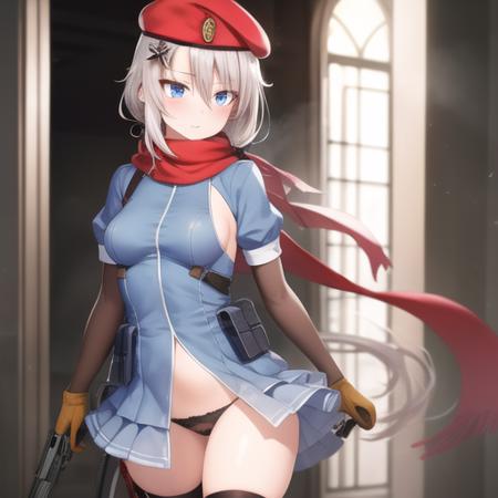 (masterpiece, best quality:1.2),illustration,8k,hd,1girl,solo,upper body,(portrait:1.2),9a-91 (girls frontline),blue eyes,blue dress,covered navel,red beret,blush,puffy short sleeves,see-through,layered sleeves,black panties,red scarf,thighhighs,pouches,black long sleeves,sideboob,gloves,hair between eyes,low ponytail,sidelocks,silver hair,very long hair,<lora:(gf)9A-91>,