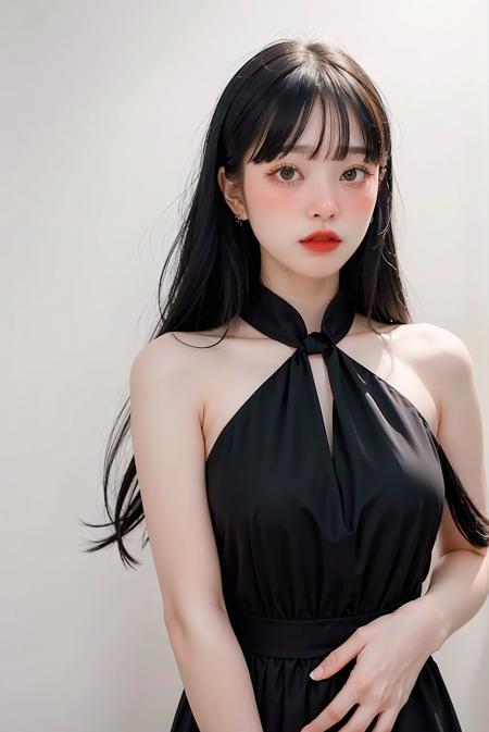 1girl, hair with bangs, black formal long dress, white background, <lora:Fon_Pattaraporn-02:1>