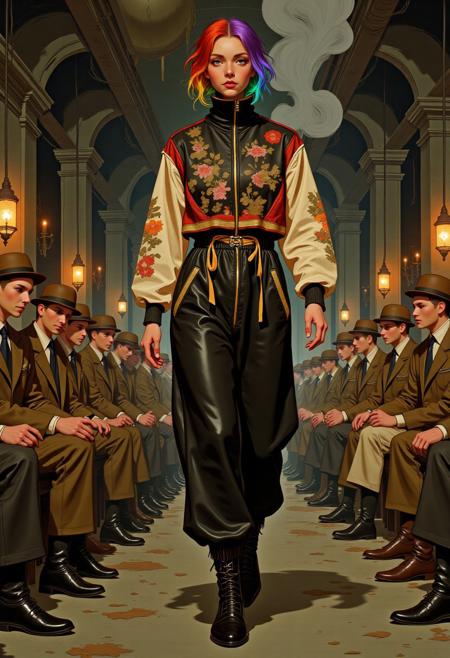 A hyper-detailed, full-body digital illustration,, anime,, oil painting, WackyGraphDaal, of a high fashion modell, walking on an underground catwalk in a 1920 prohibition whisper-bar a simple cut track suit, the camera angle is from below, the people sitting around the catwalk wear 1920s working clothes and dusty jackets, the high fashion modell obviously is a modell from the 2020s with an androgyn appearance, despite her busty chest, and has a short shaved sidecut while the other side of her hair is shoulder long with a multicolor rainbow gradient.
Absurd scene, whatever it takes, there are no second chances, timetravell is just for the 1%