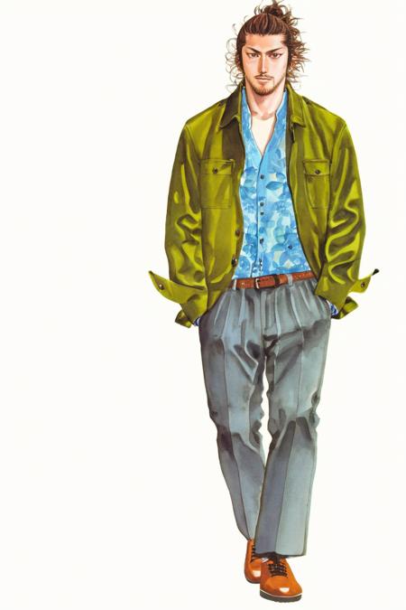 highlight on eyes，
takehiko style, 1boy, solo, male focus, brown hair, stubble, brown eyes, kaburagi t. kotetsu, jacket, facial hair, hands in pockets, pants, shoes, shirt, traditional media, full body, simple background, casual