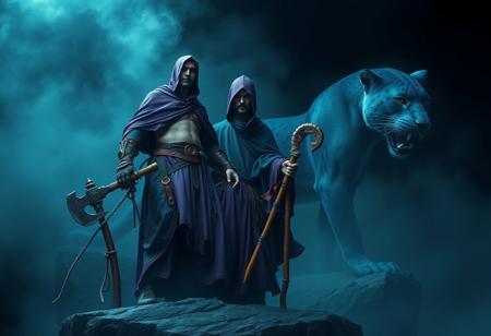 Generate a highly detailed, photorealistic image of a steampunk-inspired lich. The lich should be unmasked, wearing a full-body purple cloak, and standing on a rock amidst a dark blue mist. Include an axe and a shepherd's crook as props, with the blue panther visible in the background. Ensure the image is hi-fructose, with lifelike details and a dark vignette. Apply the golden ratio and aim for an ultra-detailed, gritty, and dramatic effect. The output should be in 4K or 8K resolution, with a focus on trending styles as seen on Artstation.