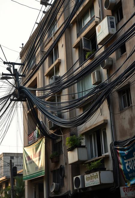 A beautifully composed professional photograph of an apartment building in New Delhi, focusing on the mass of cables, power lines, tangled phone wires and cable TV wires. Insane amount of wires, ultra realistic and detailed, banners and advertisements in Hindi, Punjabi mixed with English, buildings are heavily weathered and dirty, pleasing early morning warm sun light highlights the buildings details, small balconies growing plants