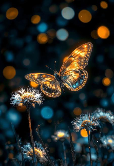 dreamy, magical photograph with a bokeh effect. Picture a transparent butterfly with glowing outlines and spots on its wings, perched on dandelion-like flowers that are also illuminated with a soft glow. The butterfly's wings are delicately veined and seem to be made of glass or crystal. The flowers have fluffy, white seed heads and thin stems. The background is a blurred dark blue night sky, filled with soft, out-of-focus golden lights, creating a bokeh effect. The lighting is soft, warm, and magical, making the butterfly and flowers appear to be gently glowing in the dark, <lora:Vibrantly_sharp_style_v.2:0.8>, <lora:Cozy_Paradise:0.7>, <lora:FluxMythR3alisticF:0.6>