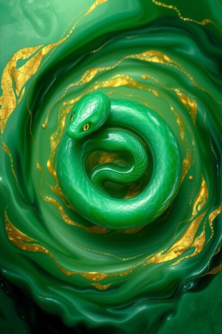 jade_snake. A surreal and abstract image of a jade snake coiling infinitely into itself, forming a mesmerizing spiral. Its body is a blend of polished jade and liquid emerald, shifting fluidly between solid and translucent states. The background is an abstract swirl of green and gold, resembling a dreamscape or a portal to another dimension. The snake’s eyes are glowing orbs of light, and faint tendrils of energy radiate from its body, giving it an aura of pure mystery and power