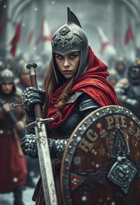 Raw photo, women Warrior of ancient Rus against army background, 13th century, fighting stance, harsh look, winter, wearing ancient Rus' chain mail and helmet, red cloth cape, ancient Russian sword and shield, light from above, ICM, motion blur, ink drawing, splatter, glow, glow, glow, emotional fractal, hyperdetailing, 128k, dark fantasy by Louis Royo.