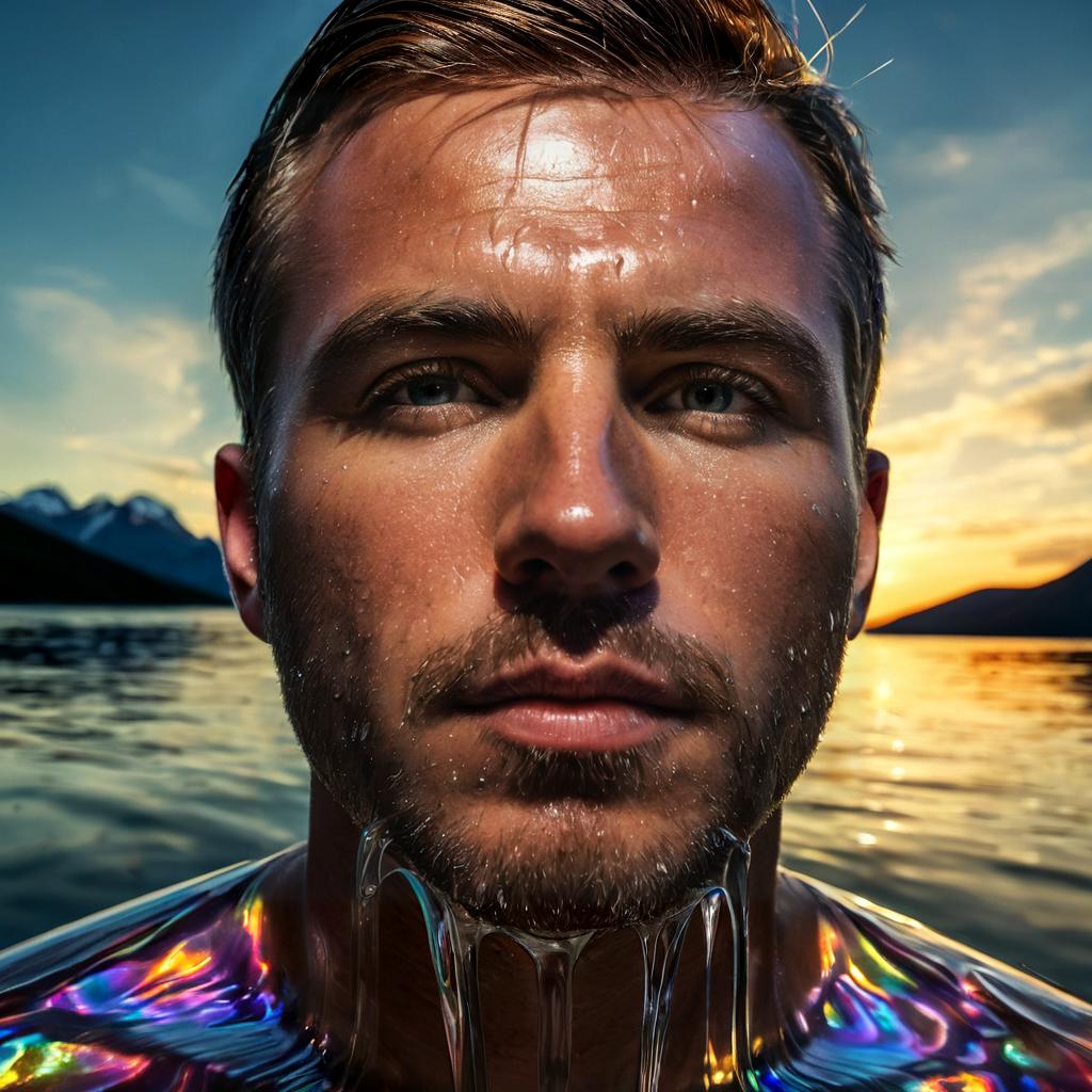 long shot scenic professional photograph of A hyperrealistic portrait of a man whose body is composed of constantly shifting liquid glass, his skin flowing and reforming into intricate, glowing patterns as it moves. His face is partially visible through the glass, but large sections are melting and reforming in real-time. His eyes are glowing orbs of liquid light, and his hair is made of flowing, molten glass that drips and reforms as it moves. Behind him, the background is a surreal, glowing landscape of flowing glass rivers and crystalline mountains, all reflecting and refracting the light in a dazzling array of colors., perfect viewpoint, highly detailed, wide-angle lens, hyper realistic, with dramatic sky, polarizing filter, natural lighting, vivid colors, everything in sharp focus, HDR, UHD, 64K