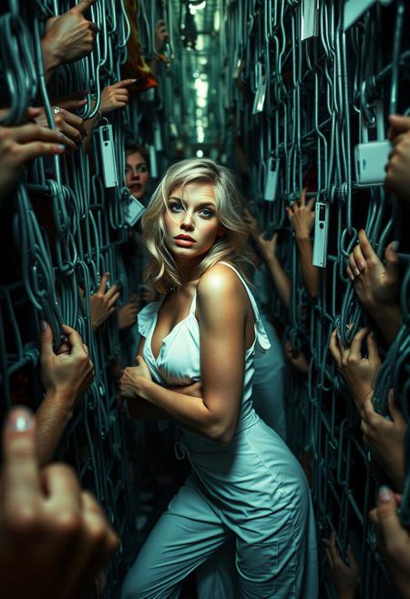 (Soft Lighting Photography by Mimoza Veliu and Mario Giacomelli:1.2), NSFW, 
fine art photo inspired by Roger Ballen depicts a blonde woman dressed in white attire is lost in a crowded nightmarish labyrinthine maze. sexy, dynamic poses,looking at viewers