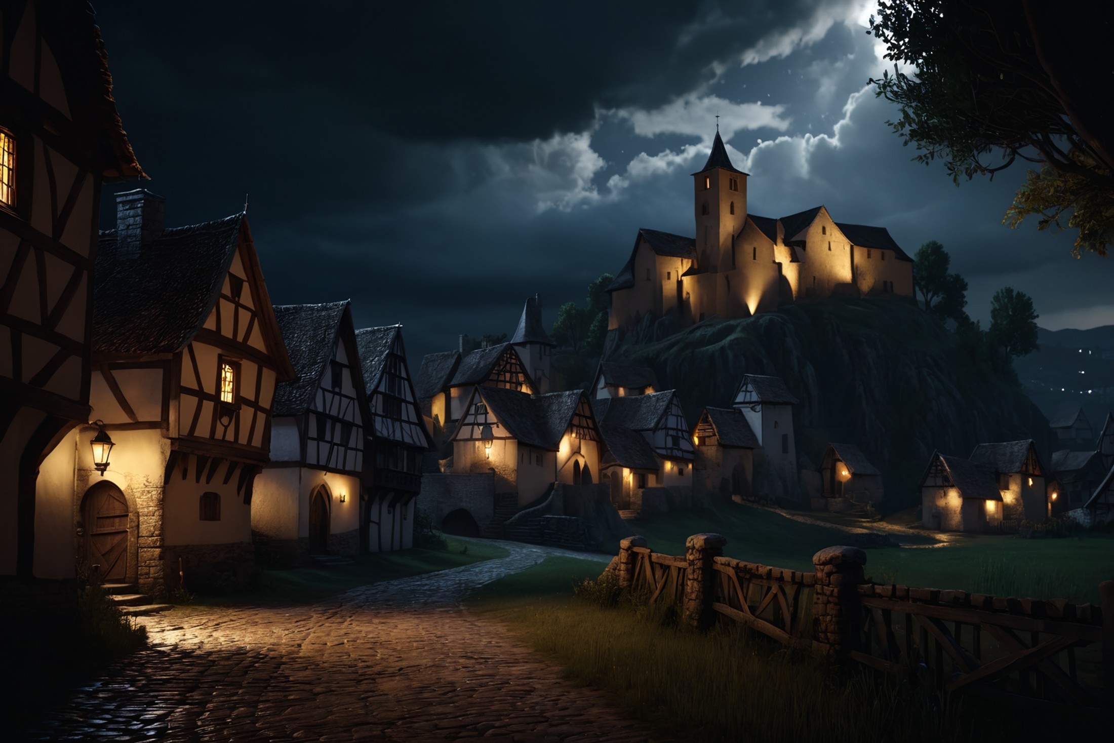 A landscape of a medieval village on a stormy night,
(masterpiece:1.2), (best quality:1.2), ultra-detailed, best shadow, d...
