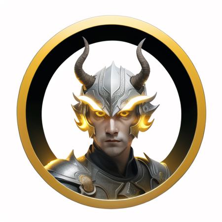 <lora:logo&icon1.5v2:1>icon, (circle frame), glowing eyes, glowing, white background, 1boy, solo, portrait, male focus, looking at viewer, simple background, horns, armor, yellow eyes, no humans