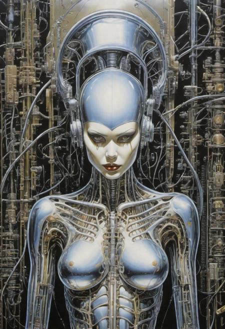 science fiction (acrylic painting by Hajime Sorayama and HR Giger:1.5), sexy (bald:1.2) straight on, bilaterally symetrical, full view of a busty android cyborg in a science lab, helmet, headphones, chrome, mechanical body parts, inter connecting cables, electronic circuits, transistors, capacitors, resistors, processors, fusion of body and wall, rusty, dirty, greasy, Beksinski, Zawadzki, achluophobia