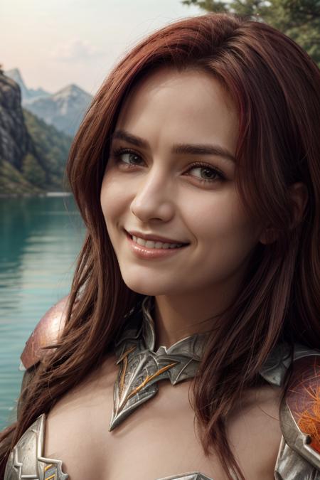 (beautiful charming girl:1.8), afternoon in a fantasy ultra realistic highly extremely detailed enchanted ((colorful highland:1.8)) with (highly realistic very detailed colorful trees, plants and glowing flowers:2.2,((glowing colorful butterflies:0.8)),(crystal clear reflective lake:1.6) (detailed red armor:1.6) (((masterpiece))), (((best quality))), 8k, epiCPhoto OverallDetail <lora:HXarmour_079:0.7> HXarmour, looking at viewer, sharp focus, (vivid colors:1.4), ((hyperrealistic:1.4)), ((photorealistic:1.5)), highres, highly detailed, perfect eyes, perfect nose, lips, ultra texture resolution, (highly detailed skin texture:1.4), perfect detailed shiny (long red hair:1.6), (delicate smile:1.9), 16 bit colors, ultra sharpness image, (crisp colors:1.6), superrealistic, (realistic skin and lips texture:1.6) (highly realistic eyes texture:1.4) (highly detailed hair texture:1.6) <lora:more_details:0.8> <lora:ReaLora:0.4> keep proportions, fit image, (full body shot:1.2),  ((free pose))