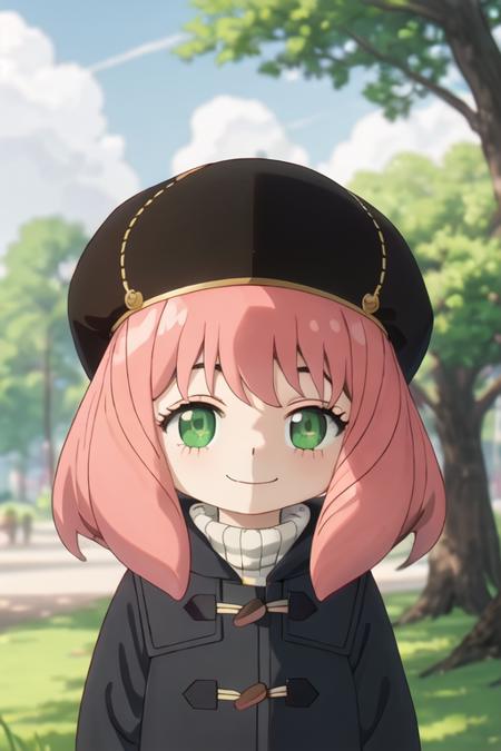 best quality, masterpiece, highres, solo, {anya_forger_spyxfamily:1.15}, pink_hair, female_child, child, green_eyes, open_mouth, bangs, 1girl, black_gloves, blue_sky, blurry, blurry_background, closed_eyes, closed_mouth, day, gloves, hat, long_sleeves, outdoors, sky, white_headwear, cloud, coat, eyelashes, grass, smile, tree, upper_body