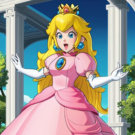 <lora:PrincessPeach1:1>, ((masterpiece)), best quality, outside, trees, blue sky, detailed, cartoon, detailed background,  perfect anatomy, standing, 1girl, solo, long hair, open mouth, blue eyes, gloves, dress, blonde hair, jewelry, earrings, elbow gloves, crown, black background, pink dress, princess peach, puffy short sleeves,